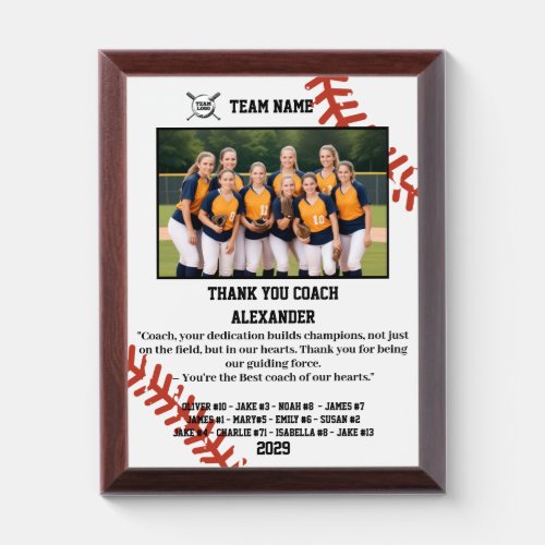 Thank You Baseball Coach Custom photo  names Award Plaque