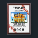 Thank You Baseball Coach, Custom photo & names Award Plaque<br><div class="desc">A personalized Baseball with the coach and players' names, along with their custom pictures, can serve as a memorable and unique memento for a team. This thoughtful gesture fosters a sense of unity, pride, and camaraderie among team members, while also providing a tangible reminder of their shared experiences and achievements...</div>
