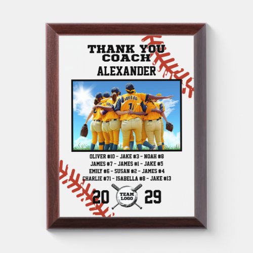 Thank You Baseball Coach Custom photo  names Award Plaque
