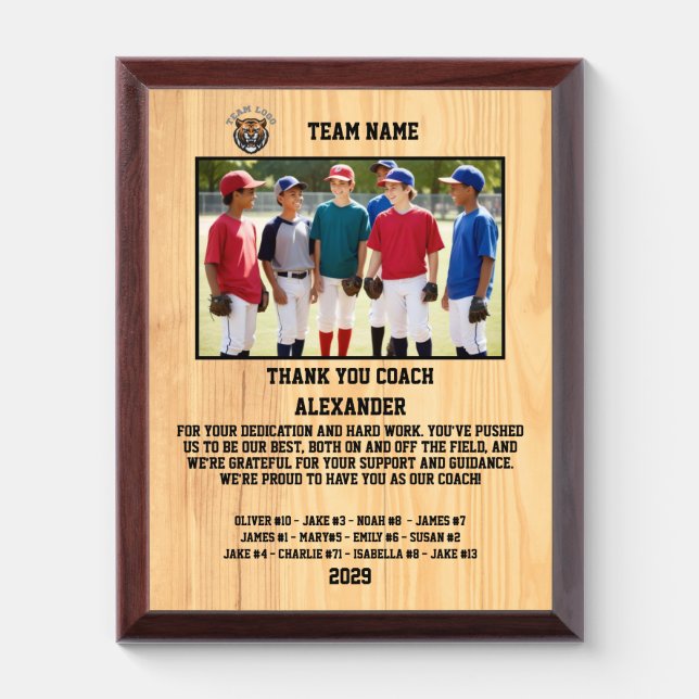 Thank You Baseball Coach, Custom photo & names Award Plaque (Vertical)