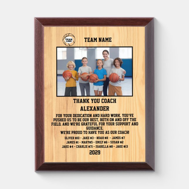 Thank You Basketball Coach, Custom Photo & Names Award Plaque (Vertical)