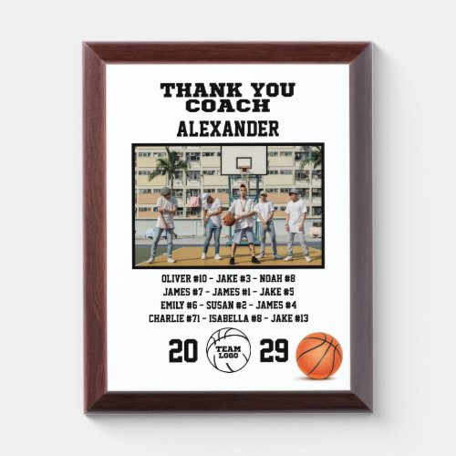 Thank You Basketball Coach Custom Photo  Names Award Plaque