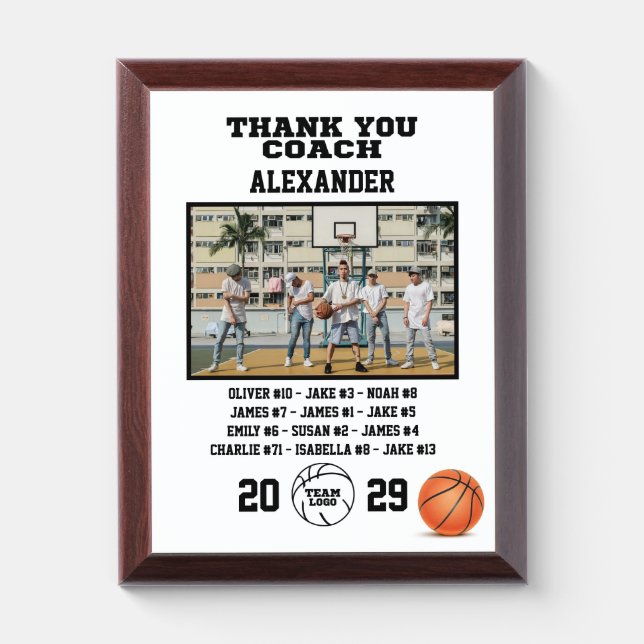 Thank You Basketball Coach, Custom Photo & Names Award Plaque (Vertical)