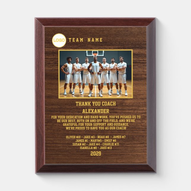 Thank You Basketball Coach, Custom Photo & Names Award Plaque (Vertical)