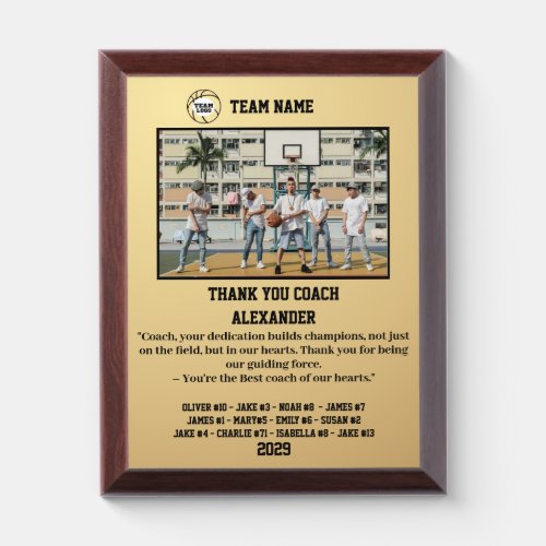 Thank You Basketball Coach Custom Photo  Names Award Plaque