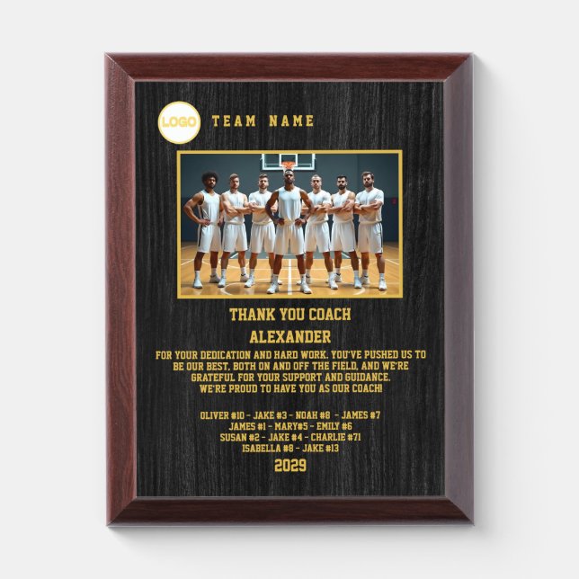 Thank You Basketball Coach, Custom Photo & Names Award Plaque (Vertical)