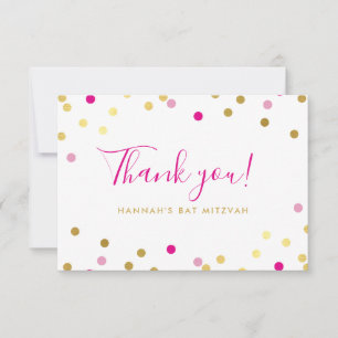 THANK YOU BAT MITZVAH glam confetti spot gold pink Card
