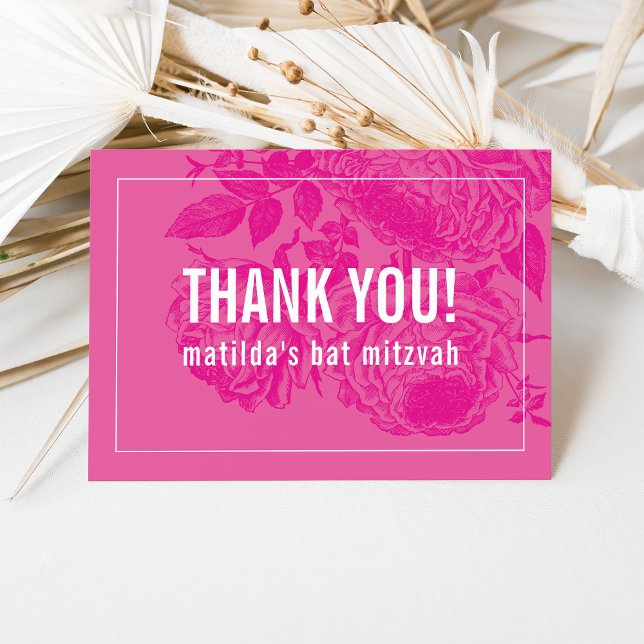 THANK YOU BAT MITZVAH modern elegant floral pink Card (Creator Uploaded)