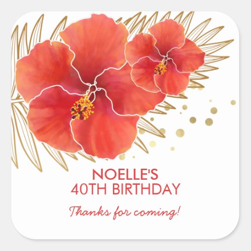 Thank You Bday Tropical Red Hibiscus  Gold Leaf  Square Sticker