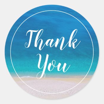 Thank You Beach Theme Blue Sea Ocean Simple Photo Classic Round Sticker by red_dress at Zazzle