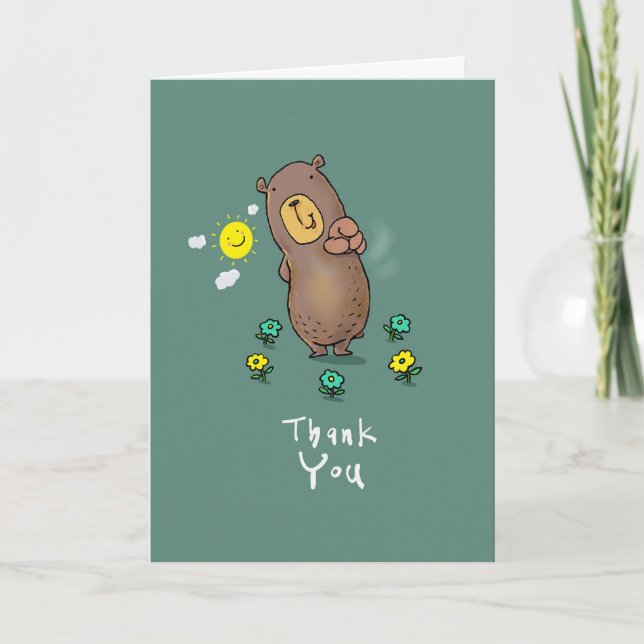 Thank you bear pointing at card holder.  (Front)