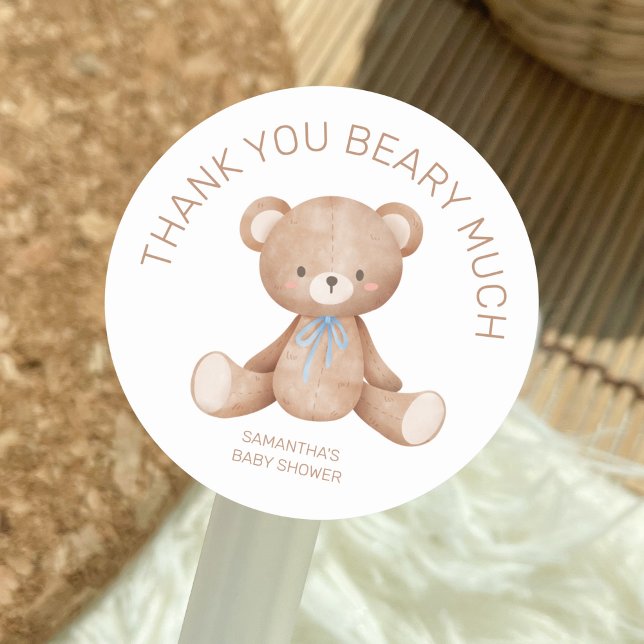 Thank you Beary Much Teddy Bear Boy Baby Shower Classic Round Sticker (thank you beary much)