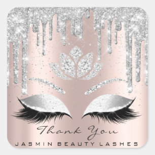 Thank You Beauty Lashes Bridal Gray Rose Glitter Square Sticker