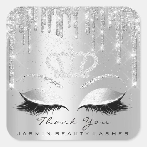 Thank You Beauty Lashes Bridal Gray Silver Glitter Square Sticker