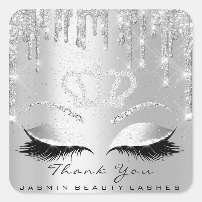 Thank You Beauty Lashes Bridal Gray Silver Glitter Square Sticker (Front)