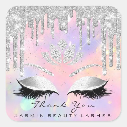 Thank You Beauty Lashes Bridal Holographic Silver Square Sticker