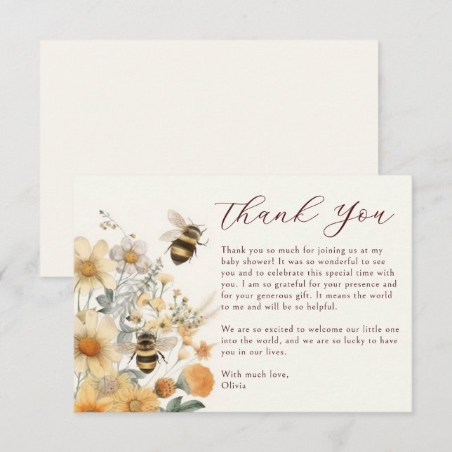 Thank You Bee Wildflower Floral Baby Shower Card (Front/Back)
