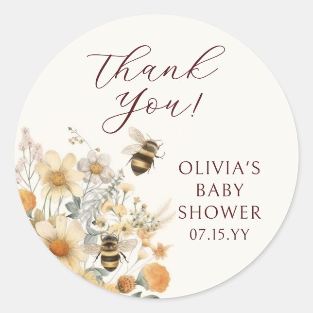 Thank You Bee Wildflower Floral Baby Shower Classic Round Sticker (Front)