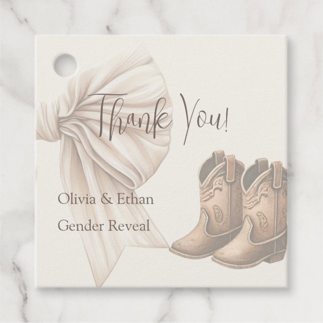 Thank You Beige Boots Or Bows Gender Reveal Favor Tags (Front)