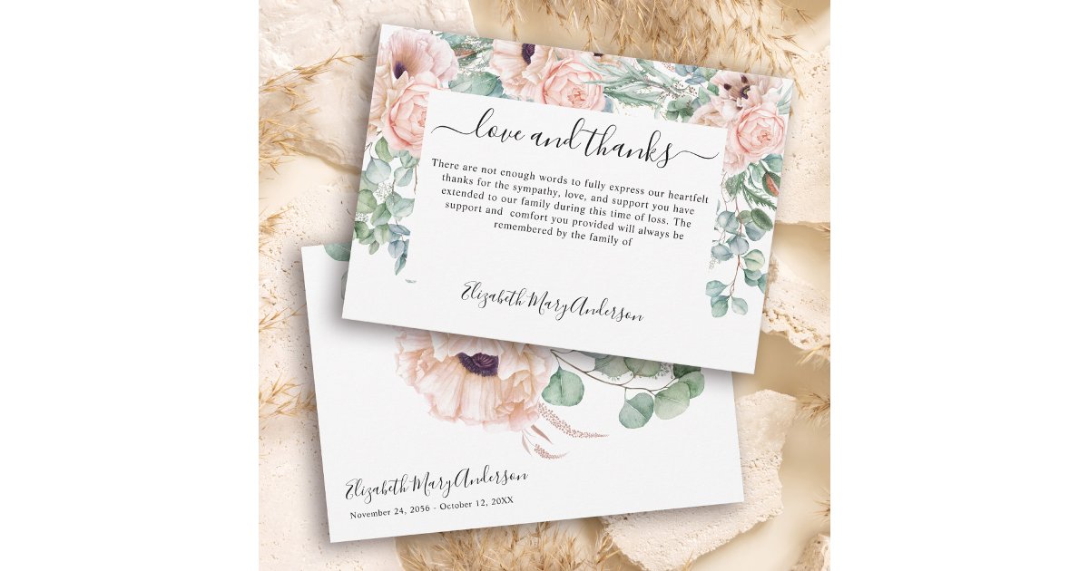 Thank You Bereavement Blush Pink Floral Memorial Card | Zazzle