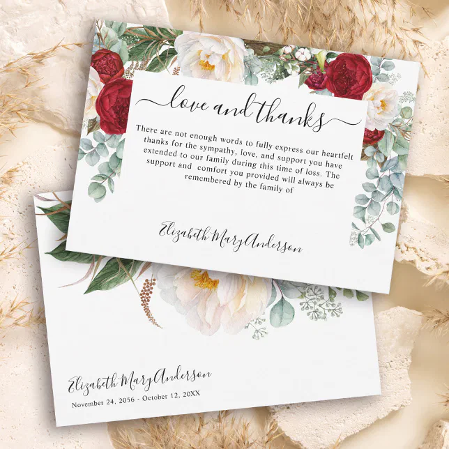 Thank You Bereavement Red White Floral Memorial Card | Zazzle