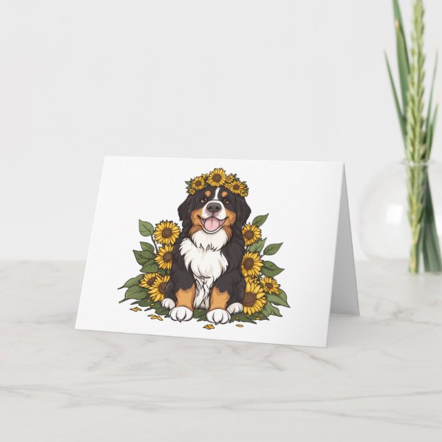 Thank You Bernese Mountain Dog Sunflower Crown Card (Front)