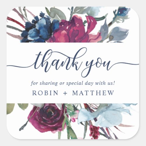 Thank You Berry Blue Burgundy Floral Wedding Favor Square Sticker