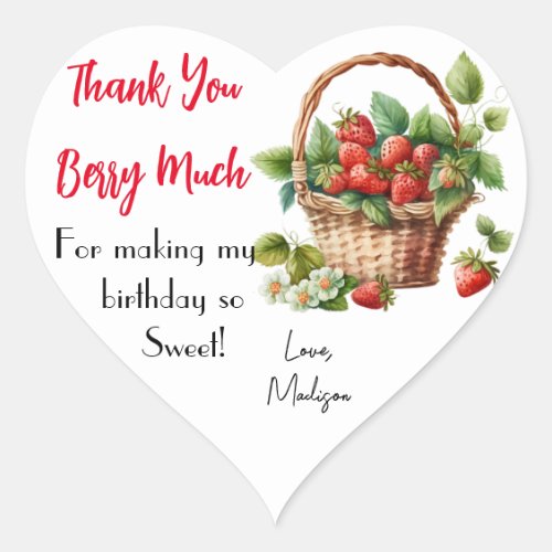 Thank You Berry Much Strawberries Floral Birthday  Heart Sticker