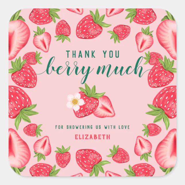 Thank You Berry Much Strawberry Baby Shower Custom Square Sticker | Zazzle