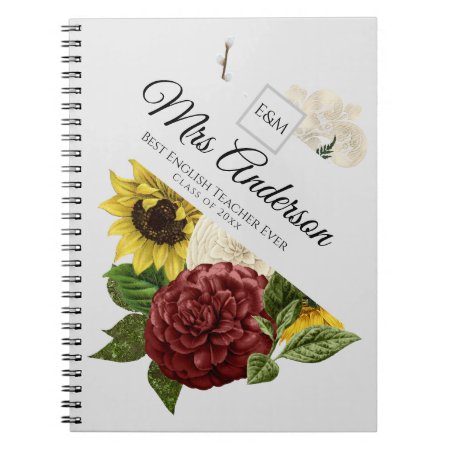 Thank You BEST TEACHER GIFT - Burgundy Sunflowers Notebook