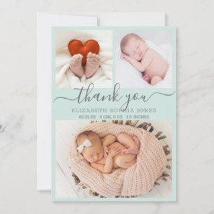 Thank You Birth Announcement Aqua Photo Collage