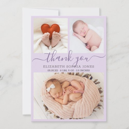 Thank You Birth Announcement Lilac Photo Collage