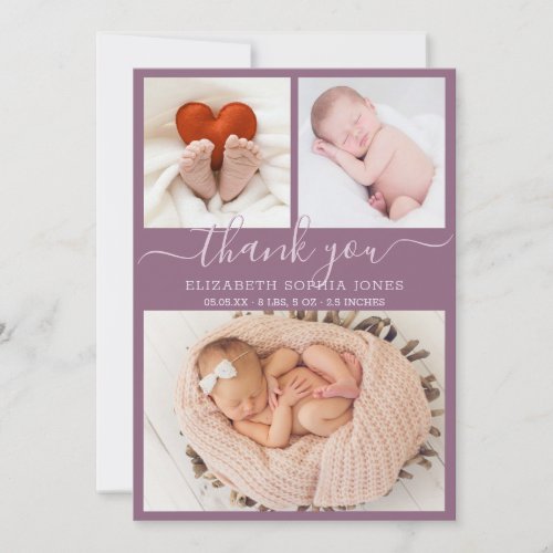 Thank You Birth Announcement Mauve Photo Collage 