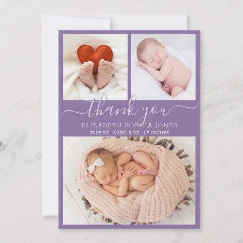 Thank You Birth Announcement Purple Photo Collage