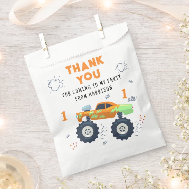 Thank You Birthday Modern Monster Car Trucks Name  Favor Bag (Clipped)