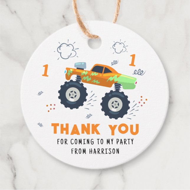 Thank You Birthday Modern Monster Car Trucks Name  Favor Tags (Front)