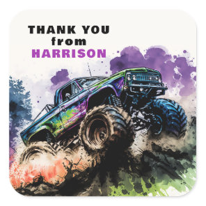 Thank You Birthday Monster Truck Smash Crash Boy Square Sticker