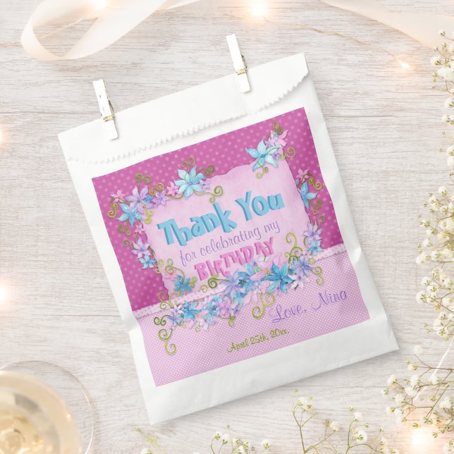 Thank You Birthday Party Floral Pink Polka Dots Favor Bag (Clipped)