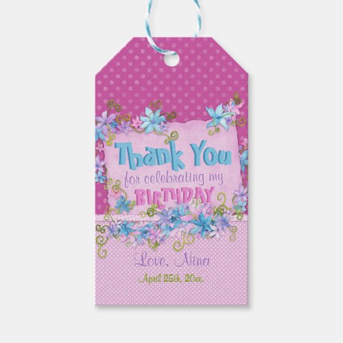 Thank You Birthday Party Floral Pink Polka Dots Gift Tags