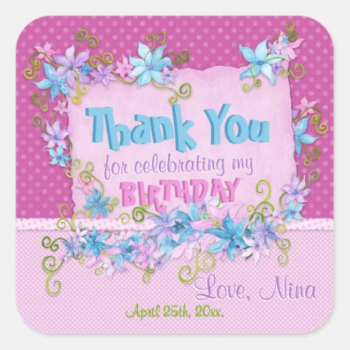 Thank You Birthday Party Floral Pink Polka Dots  Square Sticker