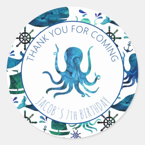 Thank You Birthday Party Marine Octopus Nautical Classic Round Sticker