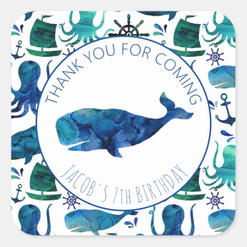 Thank You Birthday Party Marine Whale Nautical Square Sticker