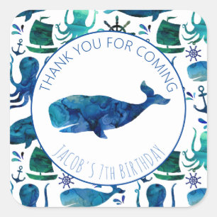 Thank You Birthday Party Marine Whale Nautical Square Sticker