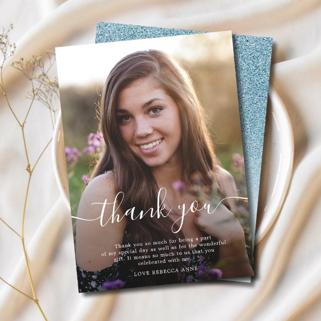 Thank You birthday photo script elegant sapphire (Photo Thank You Card)