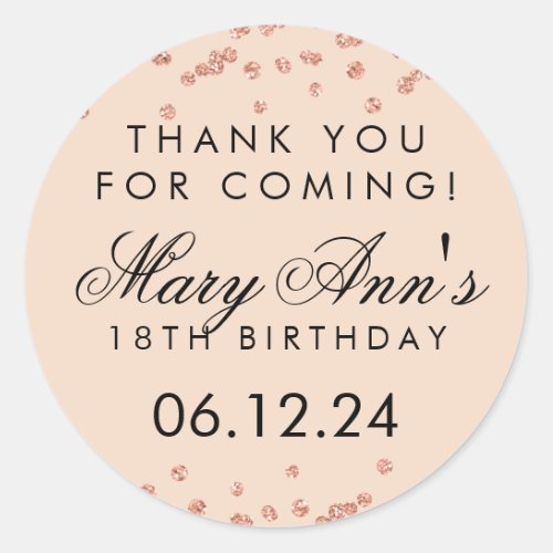 Thank You Birthday Rose Gold Glitter Confetti Classic Round Sticker