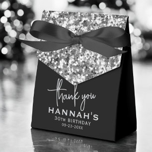 Thank You Birthday Silver Glitter Monogram Script Favor Boxes