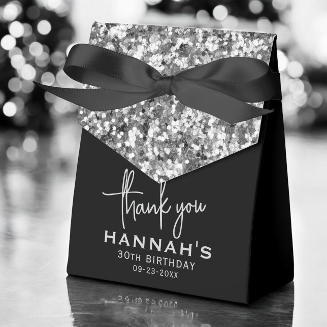 Thank You Birthday Silver Glitter Monogram Script Favor Boxes (Creator Uploaded)