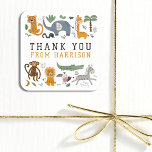 Thank You Birthday Two Wild Safari Animals Kids Square Sticker<br><div class="desc">Thank You Birthday Two Wild 2nd Birthday Safari Animals Cute Kids Birthday Party Stickers features whimsical giraffe, elephant, lion, zebra, leopard, monkey, snake, crocodile, cute and colorful wild animals with the text in modern black and mustard typography script. Perfect for boys or girls, kids second birthday party celebrations. Designed by...</div>