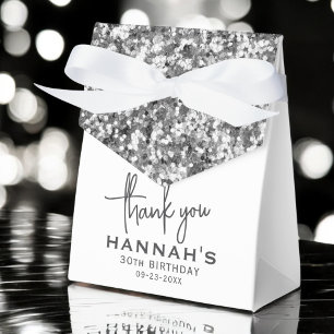 Thank You Birthday White Silver Glitter Script Favor Boxes