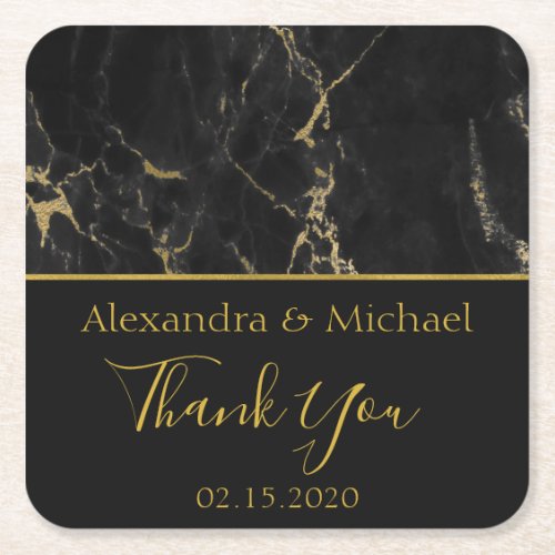 Thank You Black and Gold Elegant Marble Square Paper Coaster